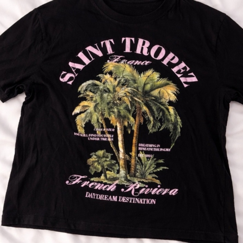 Black Graphic Tee with Palm Print - Picture 2 of 6
